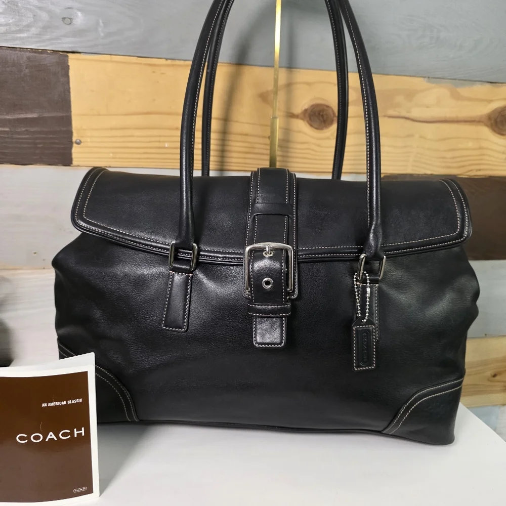 Coach Black Leather Travel Tote Bag with Buckle Strap